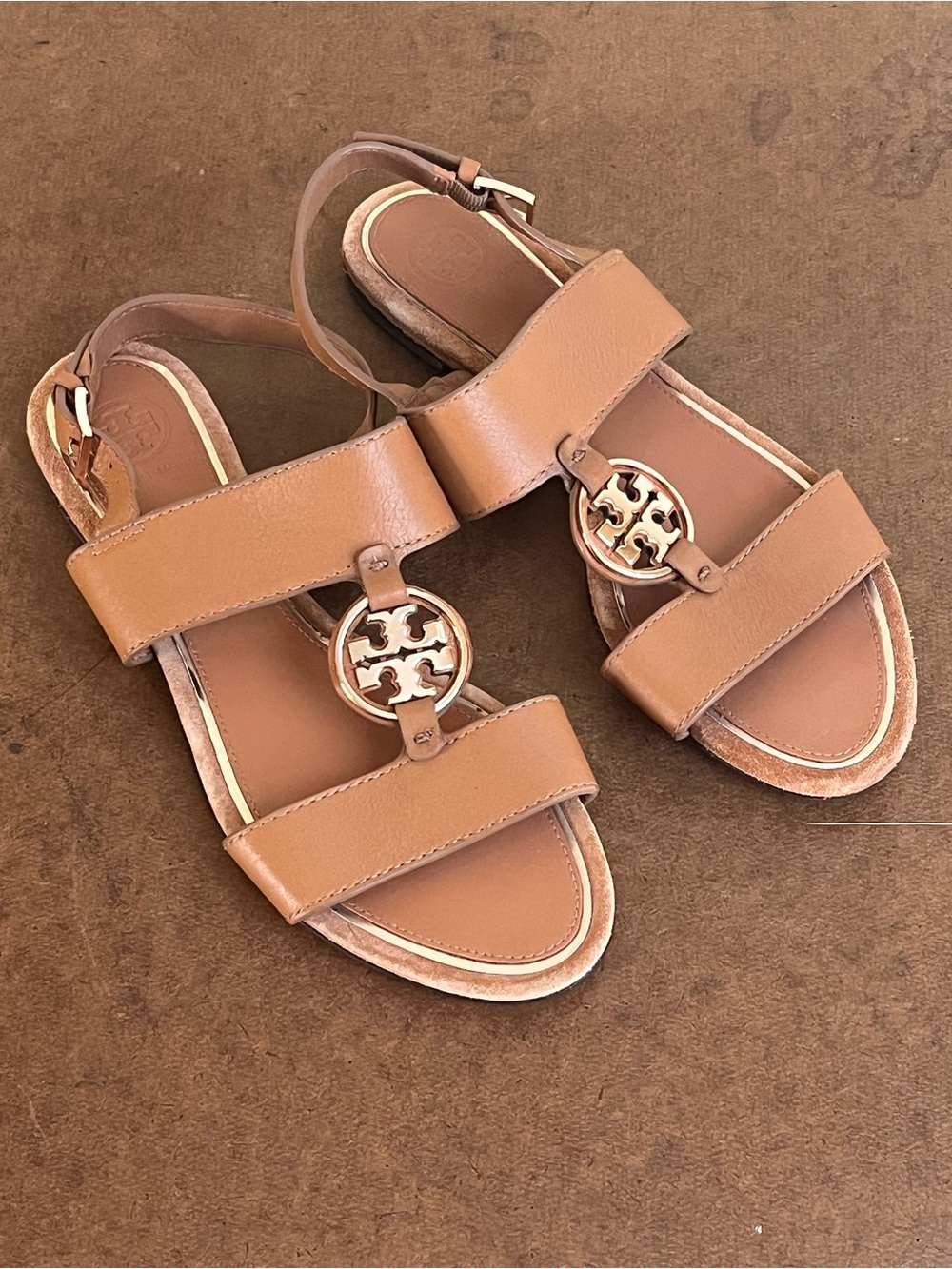 Tory Burch Metal Miller Tan Leather Double-Strap Logo Sandals NWOB